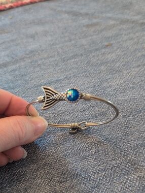 Blue Opal Mermaid Tail Silver Bangle Bracelet